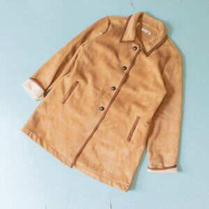 Orvis Faux Suede Thick Knit Felt Lined Long Collared Single Breasted Coat Sz L